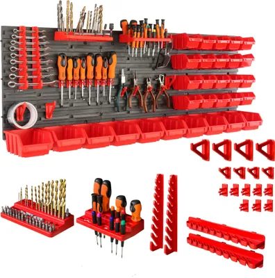 Produktbild von botle® Werkzeugwand Lochwand aus Kunststoff, Stapelboxen + Wandregal + Werkzeughalter 55-teiliges Set, Kleinteilelager 116 x 39 cm, Wandwerkstatt mit 30 stapelbaren Behältern, Hängeregal Sortierregal
