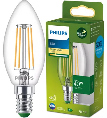 Zdjęcie produktu dla Philips Przezroczysta żarówka Filament w kształcie świeczki 40 W B35 E14, 2,3 W, 40 W, E14, 485 lm, 50000 h