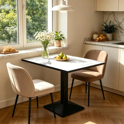 Produktbild von FATIVO Esstisch Sintersteinplatte 76x60x78 cm Schwarz-Jadeweiß, Säulenfuß für 2–4 Personen