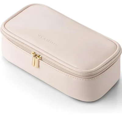 Productafbeelding van Kleine, beige, waterafstotende make-up tas voor dames, gemaakt van leer, afmetingen 21x11x6 cm