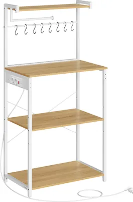 A white and wood-colored kitchen rack with multiple shelves, a top shelf, and hanging hooks.