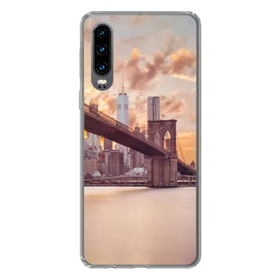 Produktbild von MuchoWow® Handyhülle Schutzhülle Hülle für Huawei P30 Brooklyn Bridge und die New Yorker Skyline bei Sonnenuntergang Silikon Softcase Handy Hülle - Kartenbesitzer