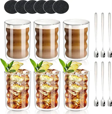 Produktbild von Latte Macchiato Gläser, 6er Set Doppelwandig 350ml, Spiralförmig Kaffeegläser Espressotassen Kaffeebecher Capuccino-tassen Teegläser Thermoglas Trinkgläser, 6 Löffel + 6 Untersetzer