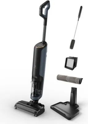 A vacuum cleaner and its accessories are displayed against a white background.