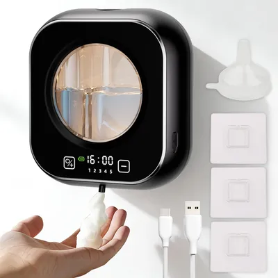 Productafbeelding van Automatische zeepdispenser, handzeepdispenser met infraroodsensor, 320 ml afwasmiddeldispenser (geen boren nodig), contactloze automatische zeepdispenser met USB-C oplaadfunctie, zonsondergangslichteffect