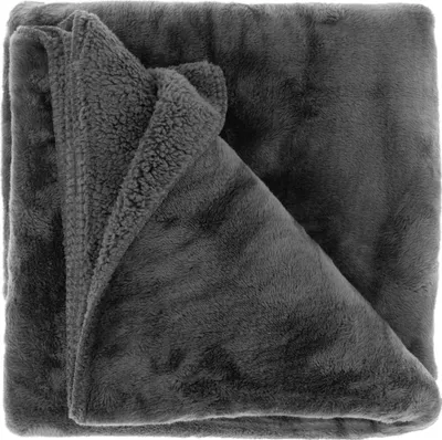 A folded dark gray blanket with a plush, fuzzy texture on one side and a sherpa-like texture on the other.