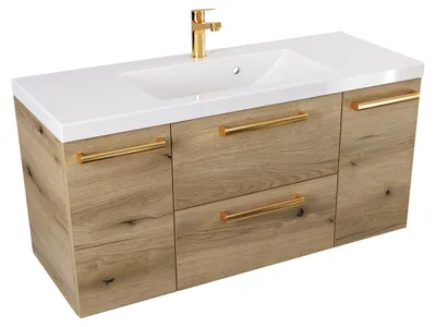 Produktbild von ATHD Wandhängender Waschtischunterschrank mit Waschbecken 100 cm D - Evoke  Matt Eiche - Griffe aus poliertem Gold