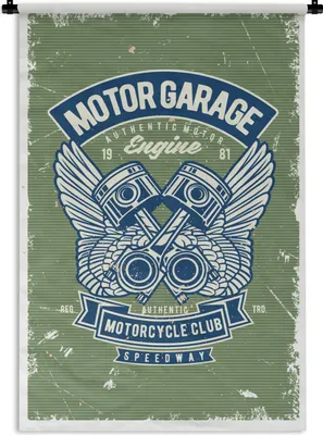 Produktbild von MuchoWow® Wandteppich Wandbehang Mancave - Auto - Motorrad - Retro 60x90 cm Tapisserie Dekoration Wandtuch - Foto-Teppich - Abwaschbar
