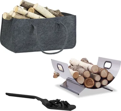 Produktbild von 3 tlg. Kamin-Set, Kaminholztasche, Kaminholzkorb, Kohlenschaufel, Filz, Edelstahl, Stahl, faltbar, silber/schwarz/grau