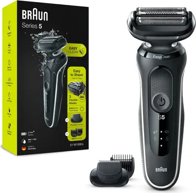 Produktbild von Braun Series 5 51-W1500s, Folienschaber, Schwarz, Edelstahl, Tasten, Ladend, Geschwindigkeit, Akku