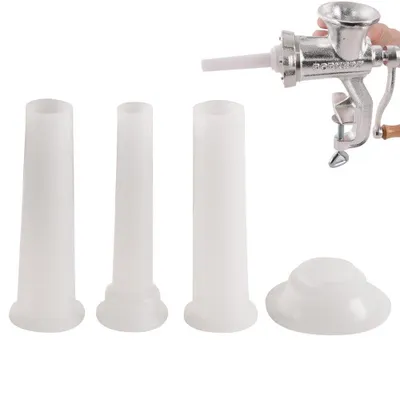 A meat grinder with sausage stuffing attachments and a separate funnel-shaped accessory are displayed against a white background.
