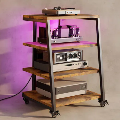 Produktbild von 4-stufiger HiFi Rack 60x52x78 cm mit Rädern, Plattenspieler Tisch Schrank mit Steckdosenleisten, LED, Verstellbaren Ablage Holz Medienständer Regal