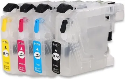 Image de Cartouches d'encre rechargeables compatibles avec Brother LC-223 black, cyan, magenta, yellow - 4 cartouches rechargeables avec puces de réinitialisation automatique pour Brother DCP-J4120, DCP-J562, MFC-J1140, MFC-J1150, MFC-J1170, MFC-J1180, MFC-J4420, MFC-J4425, MFC-J4620, MFC-J4625, MFC-J480, MFC-J5320, MFC-J5620, MFC-J5625, MFC-J5720, MFC-J680, MFC-J880