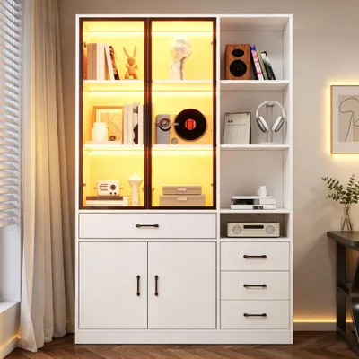 Produktbild von Hochschrank mit Glasvitrine & LED, 4 Schubladen & 13 Stauraumbereiche, Vitrinen- und Aufbewahrungsschrank für Wohnzimmer & Esszimmer, Weiß