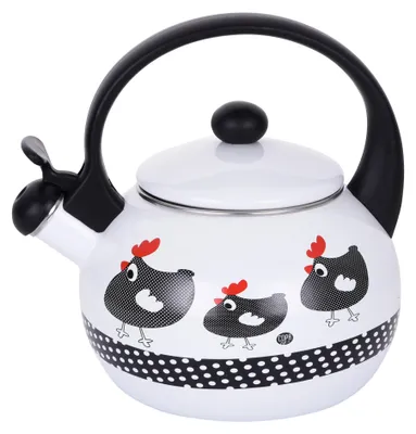 A white enamel kettle with a black handle and lid, decorated with cartoon chickens and polka dots.