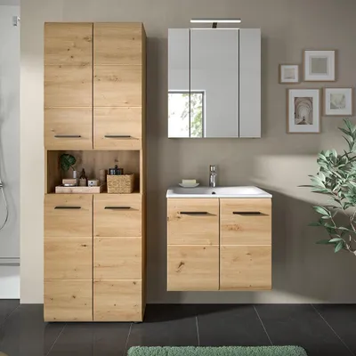 Produktbild von Badmöbel-Set 3-teilig in Eiche, mit 60 cm Waschtisch & Spiegelschrank mit LED-Beleuchtung - IGGESUND-158