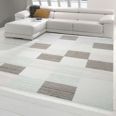 Immagine prodotto di Tappeto di design con motivo a quadri - runner - in marrone crema turchese rosa dimensioni - 80 x 300 cm