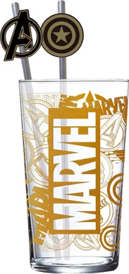 Obrázek produktu pro Skleněný pohár Marvel s brčky Logo & Avengers 485 ml