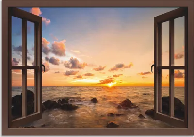 Produktbild von ARTland Wandbild Alu für Innen & Outdoor Fensterblick Sonnenuntergang am Meer Größe: 100x70 cm