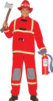 A person dressed in a firefighter costume holding an axe and a toy fire extinguisher.