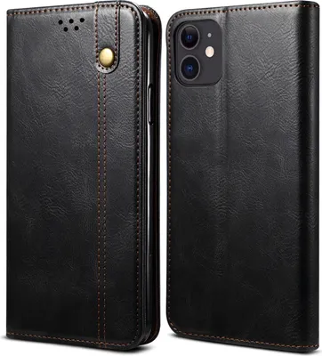 A black leather flip wallet case for an iPhone 12 is shown from two angles.