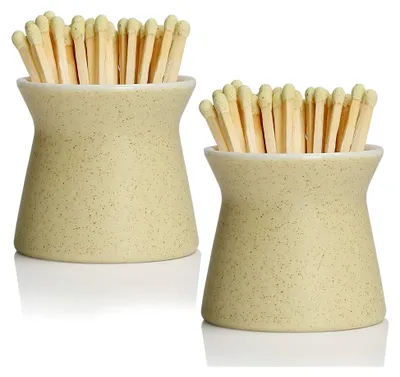 Produktbild von Streichholzhalter mit 6 Streichholzstäbchen, handgefertigte Keramikbox für alle Streichhölzer, niedliches Heimdekor-Glas mit Klöppel für Kerze, Kamin, Salon, gebrochenes Weiß, 2 Stück