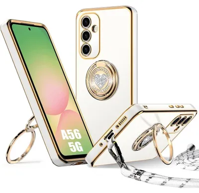 Image de Coque pour Samsung Galaxy A56 5G, Protection Ultra Slim Silicone avec Anneau Motif Coeur et Cordon - Blanc