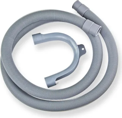 A gray corrugated hose with a curved plastic attachment lies on a white background.