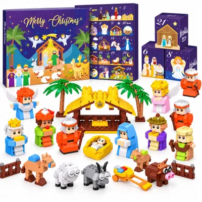 Produktbild von Adventskalender 2026 mit 24 Zahlen, Jesus Geburt Szene aus Bausteinen, 24 nummerierte Türchen zum Selberbauen, Christliche Weihnachtsgeschenk für Kind