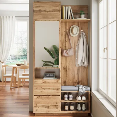 Produktbild von Flieks Kompaktgarderobe mit Spiegel und Sitzbank, Flurgarderobe mit Schuhschrank, Haken und Kleiderhaken, Gaderobenschrank, Natur