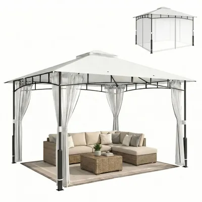 Obrázek produktu pro Zahradní pavilón – 3 x 3,6 m – Dvojitá střecha – Síťka proti komárům – Robustní kovový rám – Polyesterový potah – Černá barva