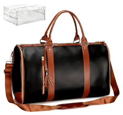 Produktbild von Kleidersack für Reisen, Reisetasche Kunstleder Anzugtasche Garment Duffle Bag 2 in 1 Hängenden Faltbaren Koffer Anzug Reisetaschen mit Schuhbeutel Handgepäcktasche für Männer, Frauen (Schwarzbraun)