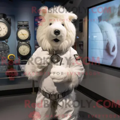 Productafbeelding van Witte hond mascotte REDBROKOLY kostuum karakter gekleed met een rompertje en armbandhorloges