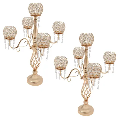 Produktbild von 5-arm Kristall Kandelaber - Tisch Kerzenhalter Hochzeitsdekoration - 2er Set - 54x66 cm - Für Kerzen Ø bis 6 cm - Eisen und Kristall - Gold