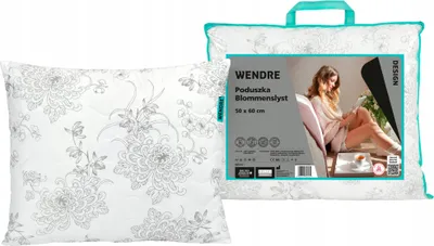 A pillow is shown next to its packaging, which features a lifestyle image of a woman.