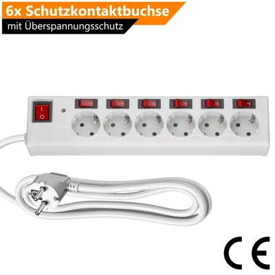 Produktbild von ORSEM Steckerleiste 6-Fach einzeln schaltbar – Master ON/OFF Mehrfachsteckdose mit Überlastschutz, Kindersicherung 90°-Anordnung – 1,5m – Weiß