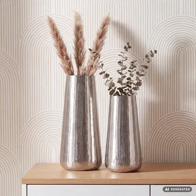 Produktbild von FineBuy Deko Vase 2er Set Aluminium Silber Rund Blumenvase Modern Dekovase 2-teilig für Blumen Alu Tischvase Wohndeko Metall Tischdeko Handgefertigt, KI-generiertes Bild