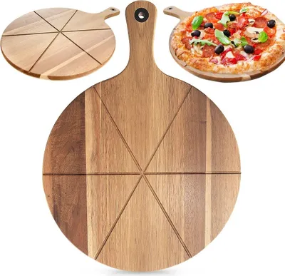 A collage of a wooden pizza board, a pizza on a wooden board, and a close-up of a wooden pizza board.