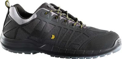 A single black and gray DASSY® Nox S3 safety shoe with yellow accents is shown against a white background.