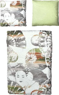 Produktbild von Baumwolle Satin Bettwäsche Buddha Weiß Grün 135x200 80x80: 2 tlg.