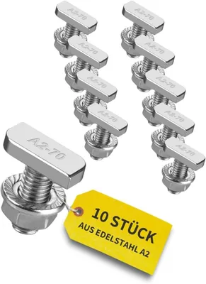 Produktbild von Avoltik 10x Hammerkopfschrauben M8 I 20 mm Edelstahlschrauben mit Montageschienenmuttern I Schrauben aus A2 Edelstahl für Solarmodul-Befestigung