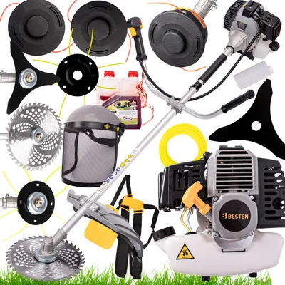 Produktbild von BESTEN Benzin Freischneider Rasenschneider Rasentrimmer 51,7CC, Set mit Gebogenen Hosenträgern, Maske, Adern und Metallscheiben zum Schneiden