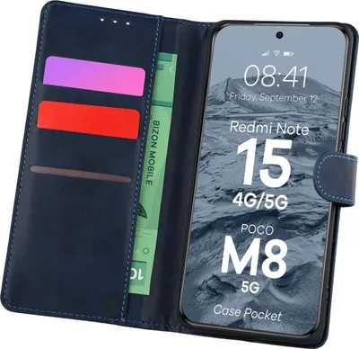 Produktbild von Handyhülle mit Klappe für Xiaomi Redmi Note 15 / POCO M8 5G, Bizon Case Pocket, Dunkelblau