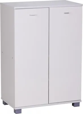 A white shoe cabinet with two doors and gray feet, shown against a white background.