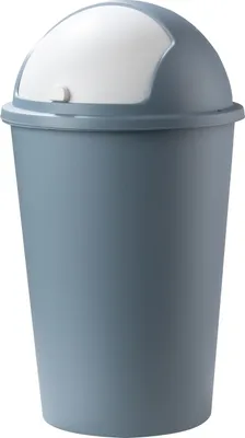 A studio shot of a pastel blue trash can with a white lid.