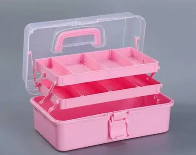Zdjęcie produktu dla Plastikowa skrzynka na narzędzia, przenośna, składana skrzynka z uchwytem i regulowanymi przegrodami, wielofunkcyjna skrzynka na narzędzia, odpowiednia do przechowywania przyborów do szycia, materiałów plastycznych i narzędzi (różowa).