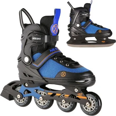 A pair of inline skates and a pair of hockey skates are shown against a white background.