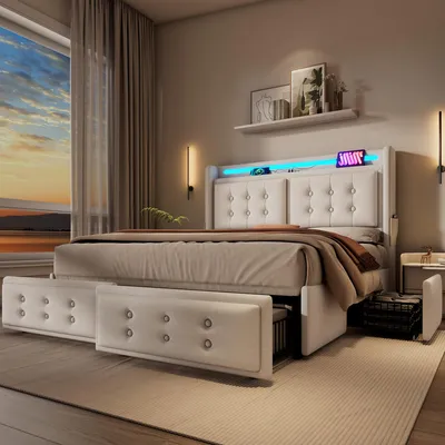 Imagen del producto de Cama tapizada Zerbaco, cama de matrimonio, 180x200 cm, con 4 cajones, cama con espacio de almacenamiento, con cabecero LED, función de carga USB y Type-C, color beige, con somier, sin colchón