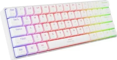 A white keyboard with RGB lighting effects.