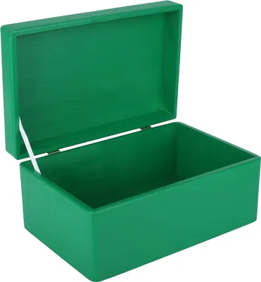 An open green wooden box with a white hinge and a white ribbon attached to the lid.